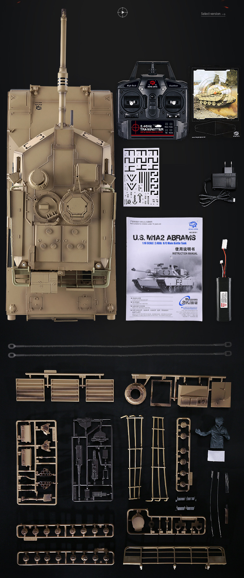 Heng-Long 3918 U.S. Army M1A2 Abrams Main Battle Tank Basic Plastic Parts Edition, 1/16 M1A2 Remote Control Scale Model Tank (RC Tank Toy, Beach Toys, Outdoor Toys) 2