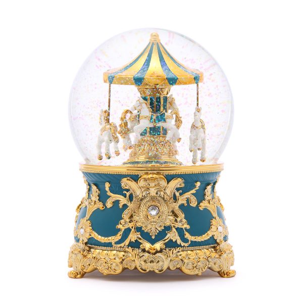 Carousel Music Snow Globe, Malachite green, Bright golden classical pattern. (Musical Box Water Globe / Snow Domes) For Decorative Collectibles, Gifts / Present.