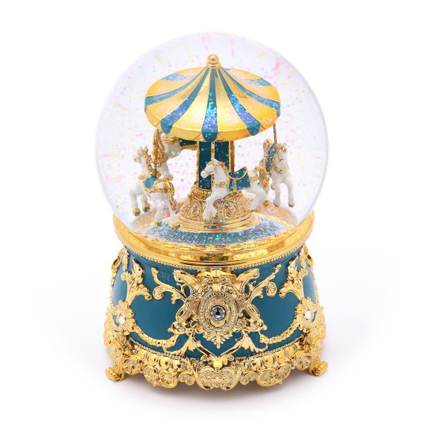 Carousel Music Snow Globe, Malachite green, Bright golden classical pattern. (Musical Box Water Globe / Snow Domes) For Decorative Collectibles, Gifts / Present.