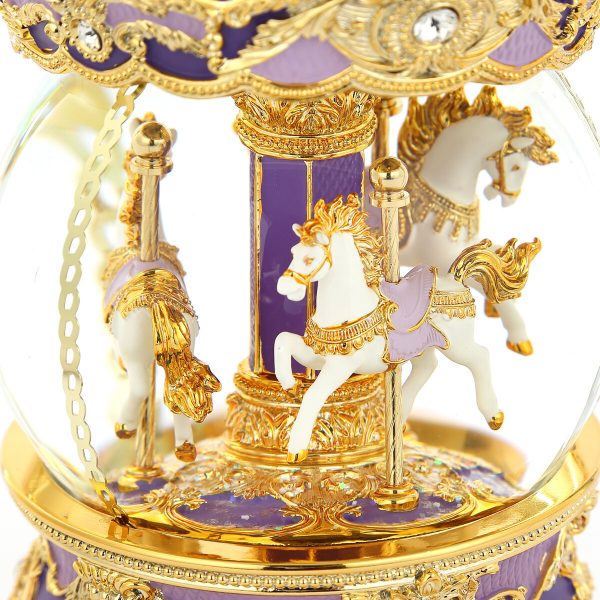 Romantic Purple Color Carousel (Merry-Go-Round) Music Snow Globe, Classical golden pattern, Inlaid with sparkling "Crystal Diamonds”, Globe Automatic snow With light, (Musical Box Water Globe / Snow Domes) For Decorative Collectibles, Gifts / Present.