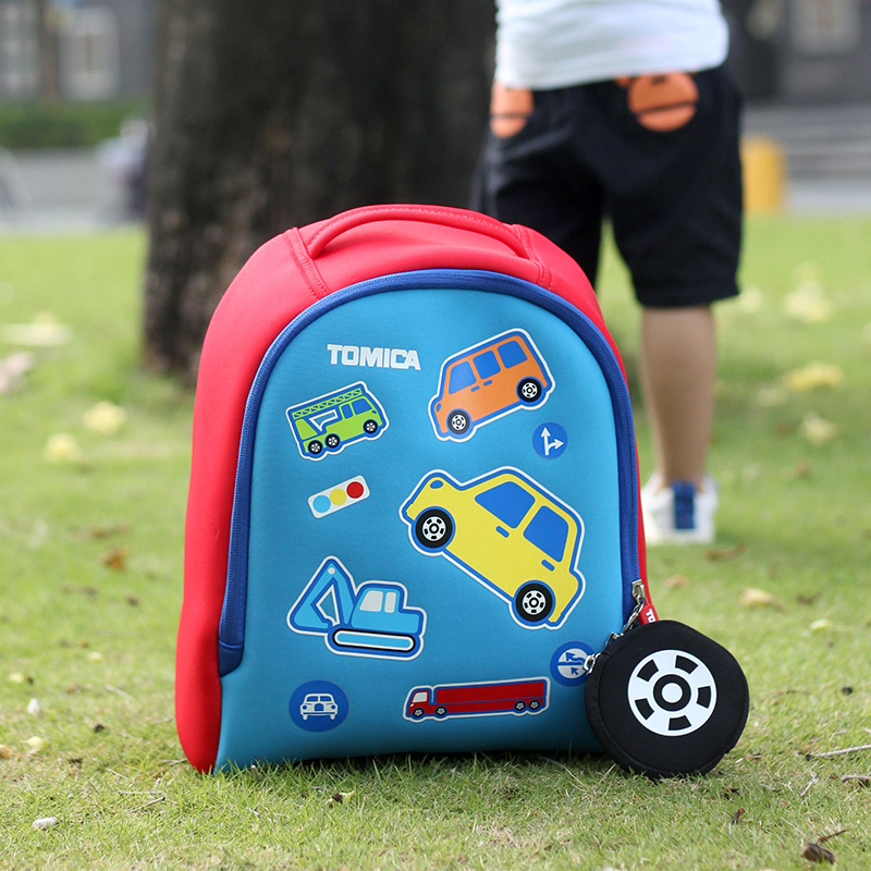 TOMICA Blue Kids School Bag Red Bottom, Cartoon Car & Construction Vehicles Pattern Boy's Backpack for Kindergarten School, Waterproof With Cute Wheel Style Coin Purse