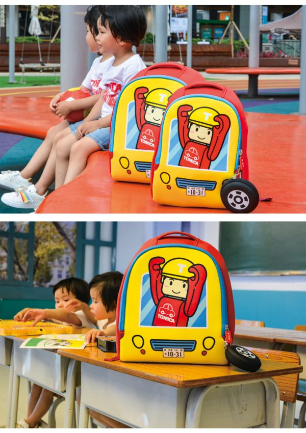 Yellow Red Bottom TOMICA Cartoon Engineer Man, Engineering Vehicle Cab Pattern Kid & Child, Girl & Boy Backpack School Bag With Wheel Style Coin Purse