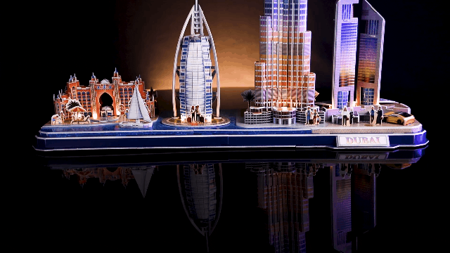 Dubai City Skyline Famous Landmark Architecture 3D Paper Puzzle With LED Light, Burj Khalifa "Burj Dubai", Burj Al Arab, Emirates Towers Skyscraper Paper Model Building Kits, Atlantis The Palm Dubai Tourist Attraction Cubicfun Toys (Cubic-Fun L523h) Paper Model Making Kits