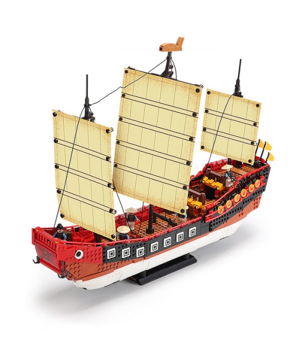 DIY Custom Ancient Sailing Model, Beautiful Medieval Asian Style 3-Mast Sailboat Compatible Building Blocks Bricks 1