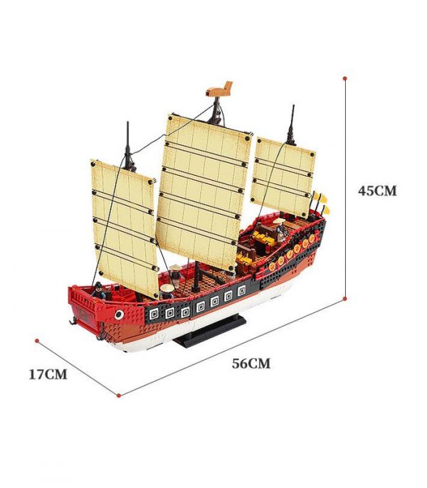 DIY Custom Ancient Sailing Model, Beautiful Medieval Asian Style 3-Mast Sailboat Compatible Building Blocks Bricks 4