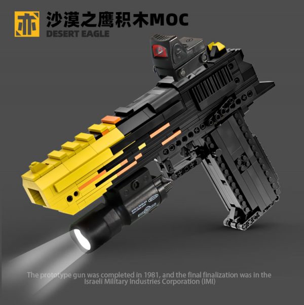 "Flame" Tattoo 1:1 Scale Model Pistol, DIY Custom Bricks Assembled Building Blocks Desert Eagle, Very Cool Works Like Real Gun, Safe Toy Gun. Load the clip, load the bullet, and shoot. (the clip has a capacity of 10 building block bullets)