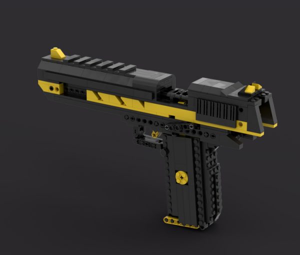 1:1 Scale Workable Building Blocks Desert Eagle Pistol, How to Build Desert Eagle Gun With MOC Custom Compatible Bricks, DIY Build Your Real Toy Gun, And Know the Construction Principle of the Semi-automatic Pistol. (Very cool color combination, Yellow inlaid black)