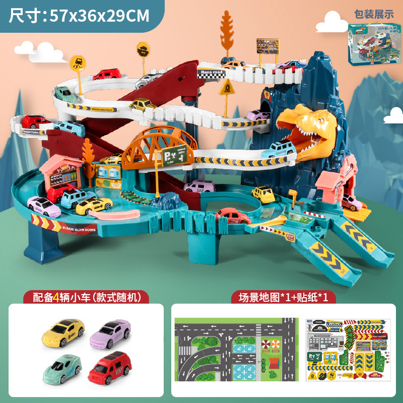 Dinosaur Theme Kids Garage Toy Set, Hot Tyrannosaurus Rex Car Track Set Wheel Amazing Adventure Mountain Road With Play Mat 12