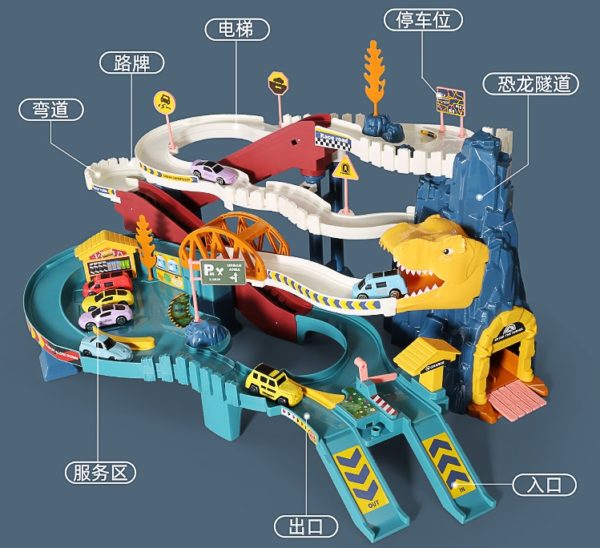 Dinosaur Theme Kids Garage Toy Set, Hot Tyrannosaurus Rex Car Track Set Wheel Amazing Adventure Mountain Road With Play Mat 3