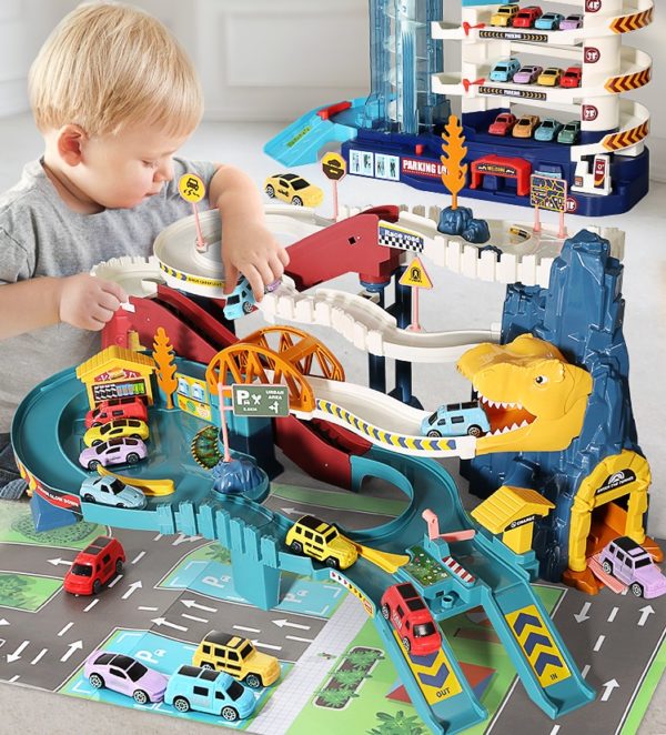 Dinosaur Theme Kids Garage Toy Set, Hot Tyrannosaurus Rex Car Track Set Wheel Amazing Adventure Mountain Road With Play Mat 5