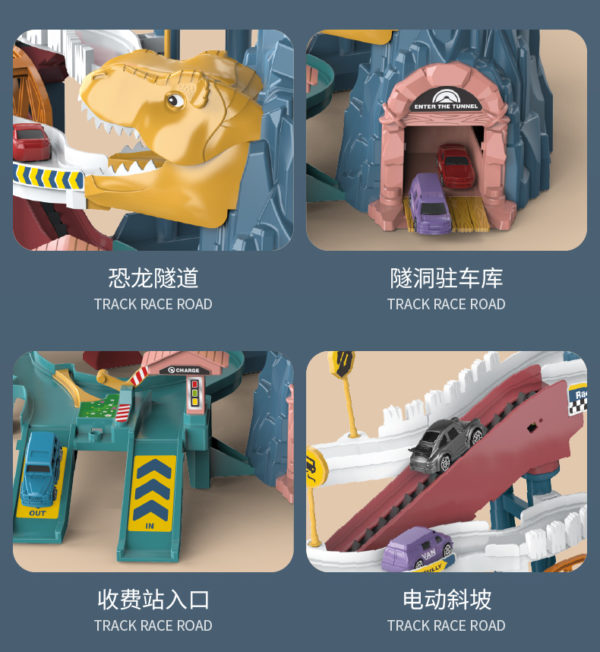 Dinosaur Theme Kids Garage Toy Set, Hot Tyrannosaurus Rex Car Track Set Wheel Amazing Adventure Mountain Road With Play Mat 11