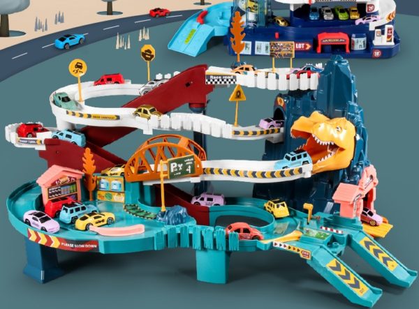 Dinosaur Theme Kids Garage Toy Set, Hot Tyrannosaurus Rex Car Track Set Wheel Amazing Adventure Mountain Road With Play Mat 1