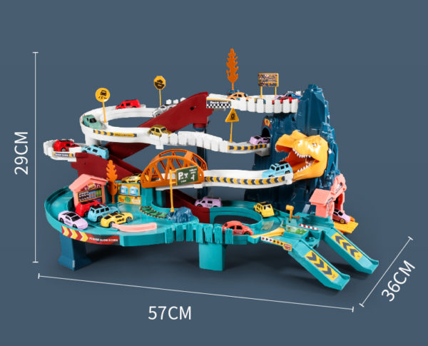 Dinosaur Theme Kids Garage Toy Set, Hot Tyrannosaurus Rex Car Track Set Wheel Amazing Adventure Mountain Road With Play Mat 2