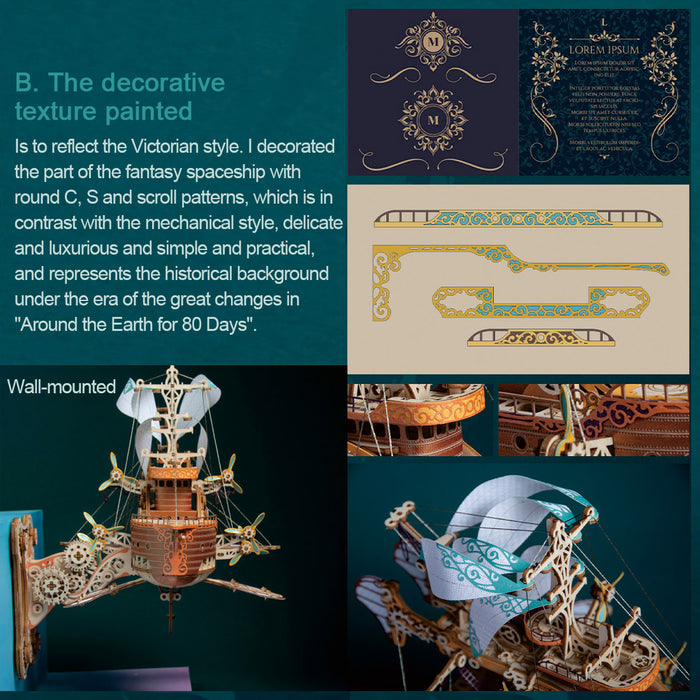 Around the World in 80 Days Victorian Fantasy Travel Spaceship Wooden Puzzle Toy, DIY Building Construction Toy, 3D Wooden Steampunk Puzzle Toy, Handicraft Masterpiece Gift