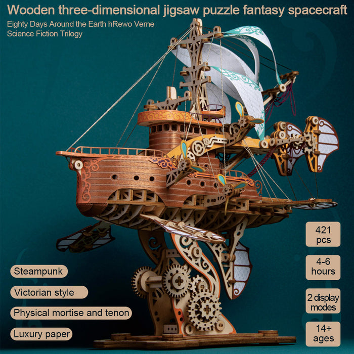 Around the World in 80 Days Victorian Fantasy Travel Spaceship Wooden Puzzle Toy, DIY Building Construction Toy, 3D Wooden Steampunk Puzzle Toy, Handicraft Masterpiece Gift
