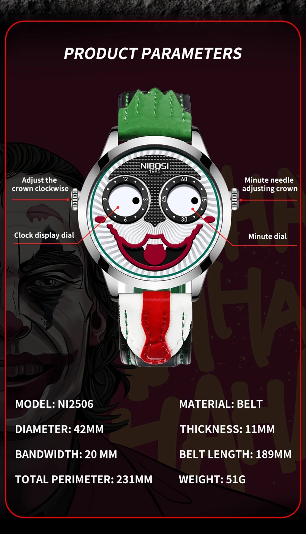Free Shipping Latest Fashion Clown Unisex Watch, Joker Man's watch, Clown Dial Woman's Watch, Funny Clown Children's watch, Creative Design Clown Dial Leather Strap Sport Quartz Waterproof Fashion Joker Wristwatch.