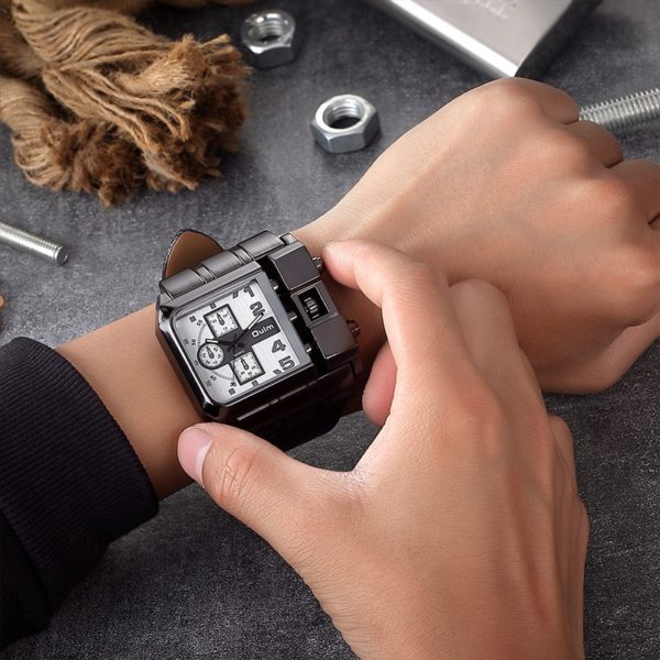 Free Shipping Men's Watch Metal Dark Color Square Wide Big Dial Leather Strap Quartz Watch, Oulm 3364 Casual Wristwatch