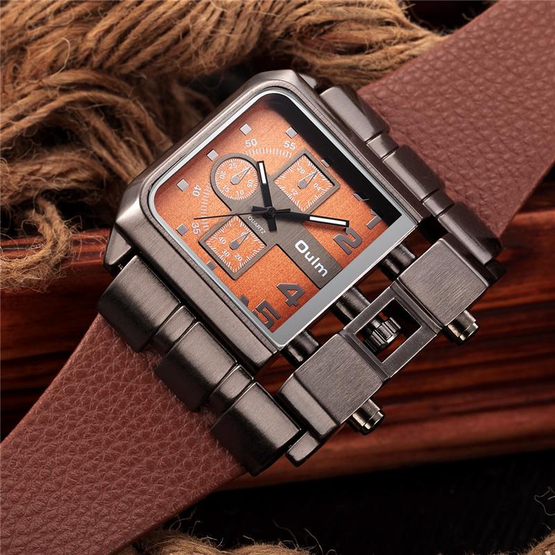 Free Shipping Men's Watch Metal Dark Color Square Wide Big Dial Leather Strap Quartz Watch, Oulm 3364 Casual Wristwatch