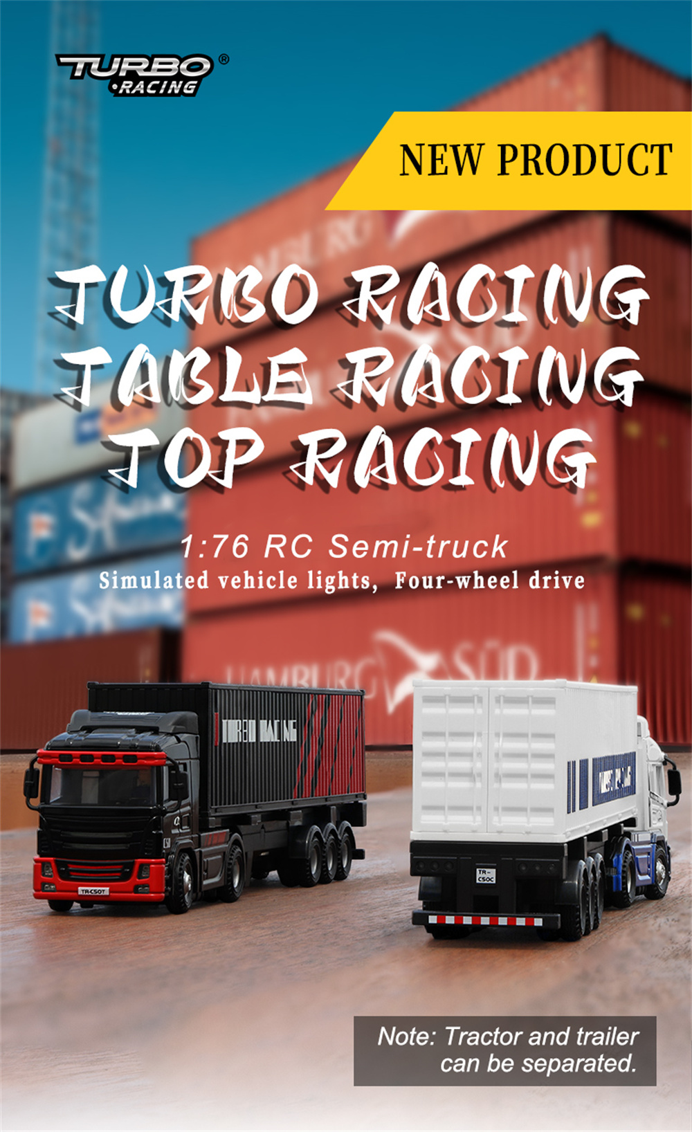 Turbo Racing 1:76 C50 Remote Control Semi Truck Trailer RC Truck, Semi Container Truck, Tractor Toy Trailer Heads Truck, Model Semi Truck, RC Car Toy
