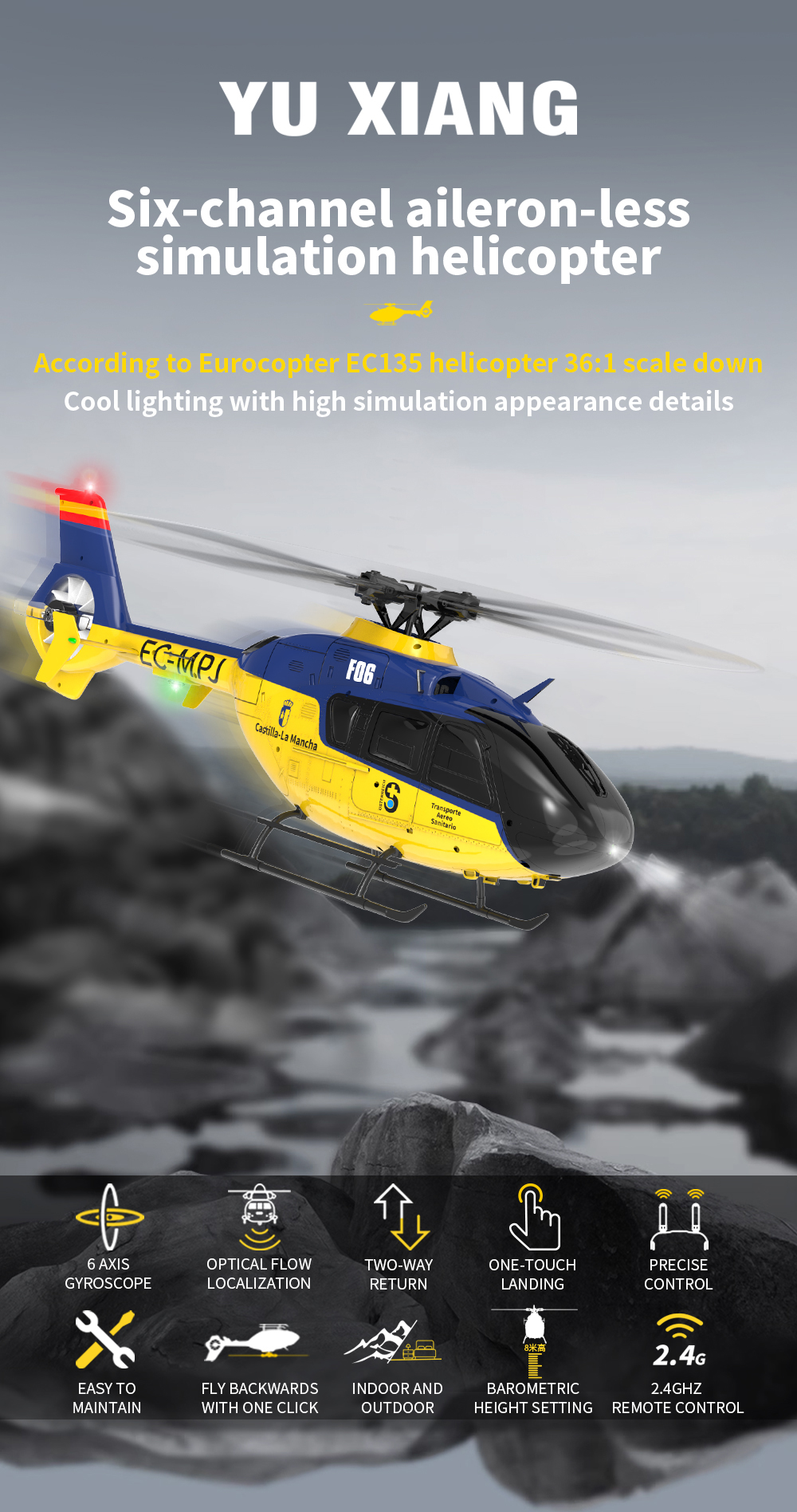 YU XIANG F06 EC135 Six-channel Flybarless Simulation RC Helicopter, YXZNRC F06 EC135 2.4G 6CH Remote Control Helicopter RTF Direct Drive Dual Brushless One Key 3D Roll Flybarless 1:36 Scale Helicopter toy
